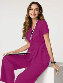 TaskEZ Solid Color V-Neck Short Sleeve Side Knot Top And Pants Nursing Scrub Uniform Set - Hot Pink - View 4