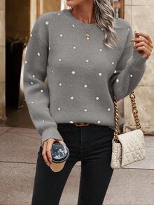 EURMUSE Women's Casual Versatile Polka Dot Pattern Crew Neck Sweater, Autumn/Winter,Jumper,Cream Jumper,Jumpers,Black Jumper,Womens Jumper,White Jumper,Women's Jumper,Women's Jumpers - Mocha Brown - View 6