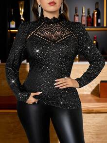 SHEIN Clasi 大码女式撞色蕾丝立领长袖烫金修身优雅T恤，黑色优雅派对上衣，感恩节新年万圣节圣诞节秋冬季上衣，圣诞节和新年派对上衣，适合多种场合，情人节 - 黑色 - 查看 5