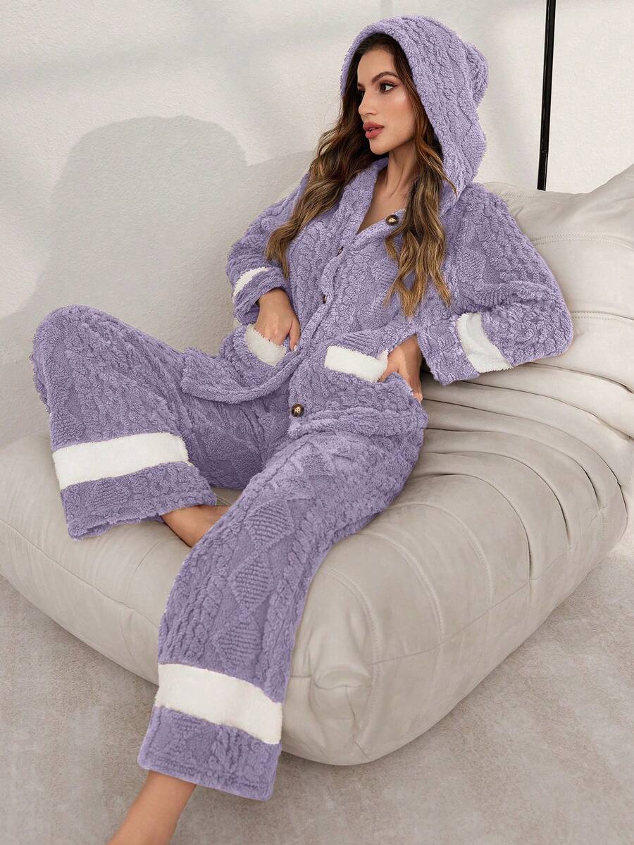 Lazeform Bộ đồ mặc nhà dành cho nữ: Áo khoác cardigan có mũ trùm đầu, phối màu tương phản, hai túi, chất liệu jacquard mềm mại, chất liệu lông cừu. - Màu tím - Xem 1