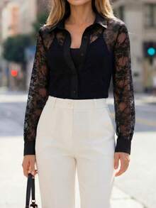 EMERY ROSE Sheer Lace Collar Elegant Blouse For Women - Black - View 1