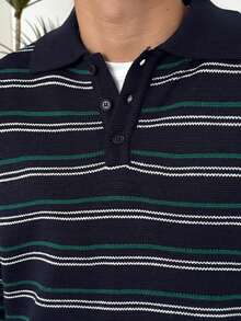 DAZY Navy Blue Striped Polo Neck Sweater For Men, Autumn/Winter - Multicolor - View 8