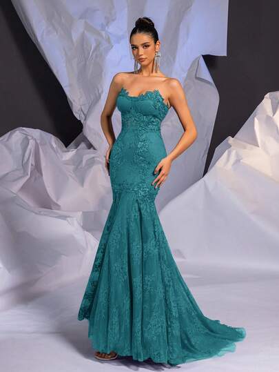 Glamrae Elegant Luxurious Sexy Strapless Contrast Color Lace Sheer French Vintage Lace Sheer Bra Cup Fishbone Lace Mesh Fishtail Train Wedding Dress, For Valentine's Day