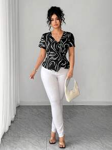 Elenzga Áo kiểu nữ cỡ lớn tay ngắn thanh lịch đính kim loại xếp ly, thích hợp cho đi làm, đi chơi, hẹn hò, Halloween, Lễ Tạ ơn. - Đen và trắng - Xem 5