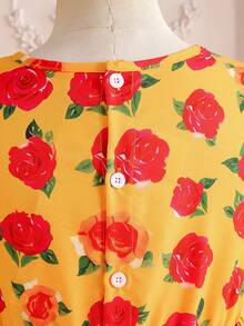 SHEIN 1pc Girls' Yellow Rose Print Ruffle Hem Sleeveless Midi Dress, Summer - Multicolor - View 7