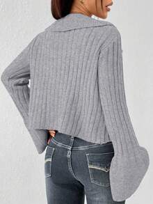 SHEIN Unity 女士休闲时尚度假风纯色V领喇叭袖荷叶边装饰系带开衫，秋冬款 - 淺灰色 - 查看 2