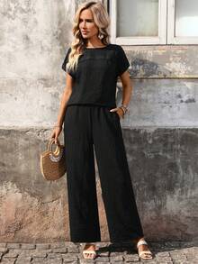 EMERY ROSE 两件套女士休闲纯色短袖上衣和长裤套装 - 綠色 - 查看 3