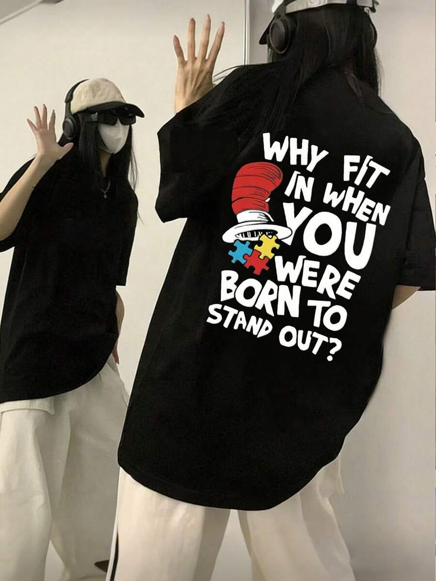 Vintage Y2K Black Graphic Print Short Sleeve Tees Preppy School Casual Daily Wear BFF Matching Tops Minimalist Fashion Ins Trendy T-Shirts - Negro - Ver 1