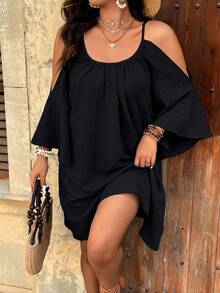 SHEIN Clasi Plus Size Round Neck Ruched Pleated Split Flare 3/4 Sleeve Casual A-Line Midi Dress - Black - View 8