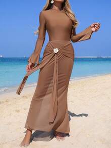 Swim Mulvari 一件式高端时尚优雅纯色连体泳衣，带防晒功能，可作沙滩罩衫 - 咖啡棕 - 查看 1