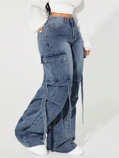 SHEIN SXY Jeans cargo de pierna ancha y suelta con bolsillo con solapa, para uso diario y casual de moda de calle para mujeres