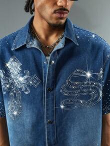 Street Life Spring/Summer Casual Graphic Men'S Short Sleeve Fashionable Front Button Rhinestone Denim Shirt - Blue - View 5