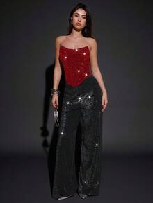 SHEIN BAE 秋冬季纯棕色重工串珠刺绣抹胸露脐上衣，优雅女士上衣，适合鸡尾酒会、宴会、活动、夜间外出等场合。 - 紅色 - 查看 5