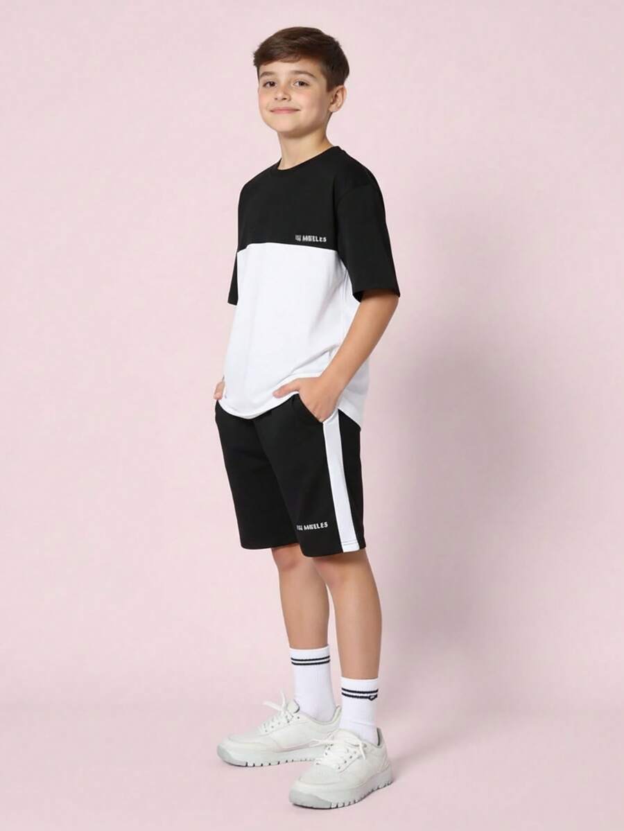 2pcs Tween Boy Black And White Patchwork Top And Shorts Set,College Style Summer Casual City Break Outfit For School,Commuting,Daily Wear And Sports