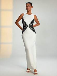 EURMUSE White Maxi Dress With Black Lace Side Panels And High Neck - White - View 3