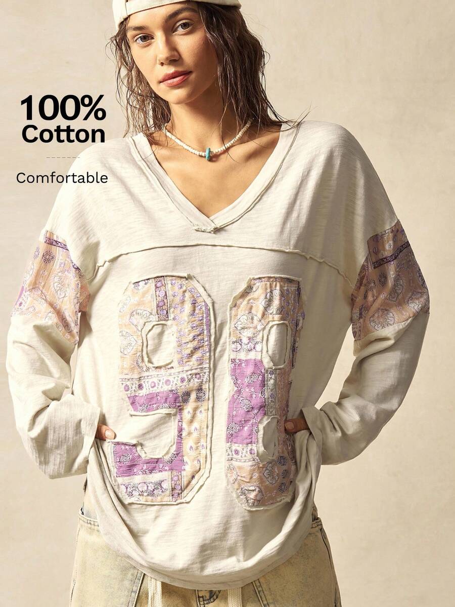 Bohemela Boho Autumn/Winter Outerwear, Women's Fashionable Vintage Patchwork Bohemia Paisley Pattern V-Neck Long Sleeve Loose T-Shirt, Western Country Style Concert Vacation, Suitable For Vacation & Daily Wear & Back To School, Christmas - Apricot - View 1