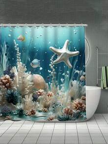 1pc Starfish And Seashell Print, Creative Shower Curtain Set, Decorative Bathroom Set Includes Shower Curtain, Non-Slip Mat, Toilet Seat, Bath Mat, And 12 Plastic Hooks, Bathroom Accessories, Home Decor. - Multicolor - View 3