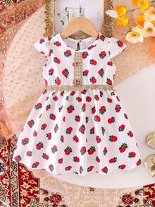 SHEIN Adorable Baby Girl Strawberry Print Flounce Sleeve Ruffle A Line Short Dress White,Summer,Cute,First Birthday Baby Girls Multicolor Party Dress - Multicolor - View 8