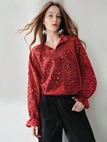 Aveloria Modichic New European & American Style V-Neck Embroidered Tie Loose Casual Long Sleeve Shirt - Rust Brown - View 5