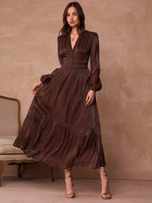 Enchnt Robe ajustée à manches lanternes froncées à la française - Kaki - Voir 7