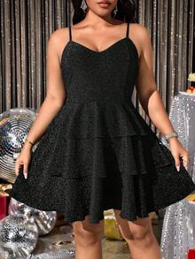 Hourglow Valentine Plus Size Women's Fashionable Party Sequin Strap Multi-Layer Dress, For Hourglass Body Shape - Black - View 9
