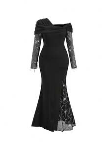 SHEIN Clasi 大码女式不对称领口亮片网纱拼接长袖优雅连衣裙 - 黑色 - 查看 10