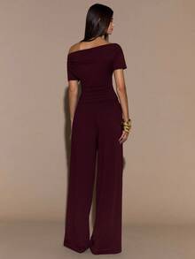 SHEIN BAE 秋冬纯色棕色性感不对称肩短袖上衣和裤子两件套；秋冬保暖加厚针织两件套；基础款针织不对称肩上衣 - 紫紅色 - 查看 2