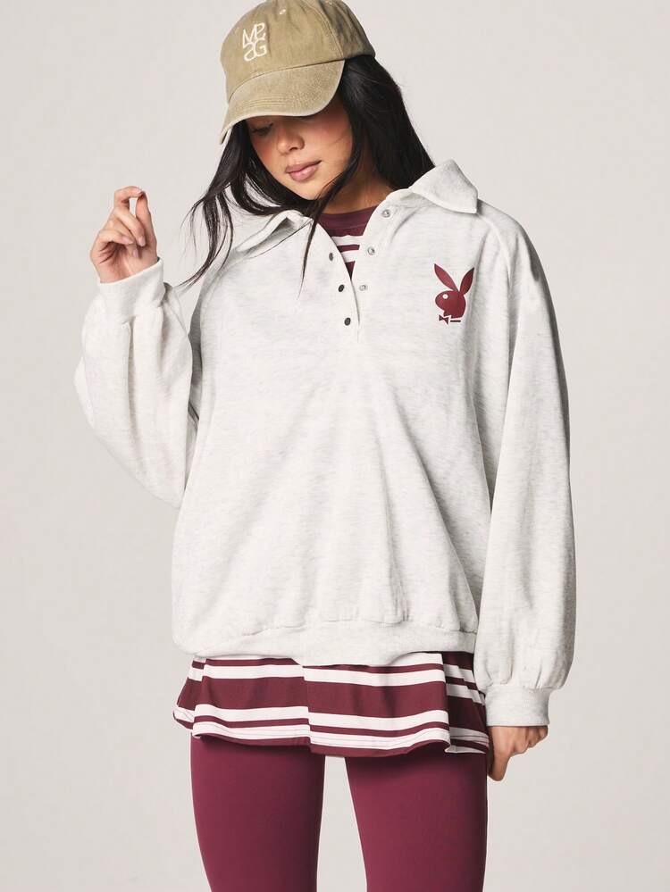 Missguided x Playboy Sudadera con capucha con logo, bolsillo central, botón de detalle, manga larga, oversize, jersey casual de streetwear