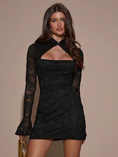 SHEIN BAE Women's Elegant Contrast Lace Hollow-Out Front Midi Dress, Autumn Lace Black Dress Black Sexy Dress Women