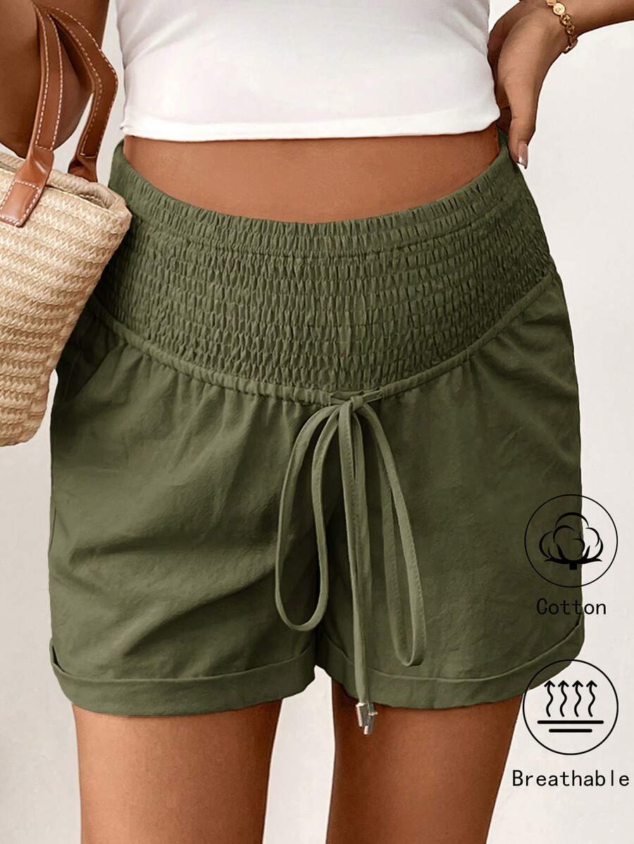 SHEIN Quần short mùa hè cho nữ, quần short cotton lanh kiểu bohemian cho bà bầu, quần short thường ngày có dây rút, quần short nữ mùa hè, quần short đi biển cho nữ, quần short thường ngày cho nữ, quần short vải lanh thoải mái cho nữ, quần short cotton cho nữ, quần short cotton pha, quần short màu xanh lá cây cho nữ. - xanh quân đội - Xem 1