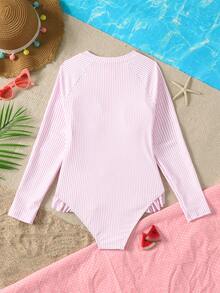 SHEIN 少女舒适蝴蝶结印花荷叶边连体泳衣，适合海滩度假，蓝色 - 淺粉色 - 查看 6