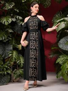SHEIN Najma Đầm nữ trẻ thanh lịch trễ vai tay bồng phối nhiều mảnh - màu đen - Xem 7