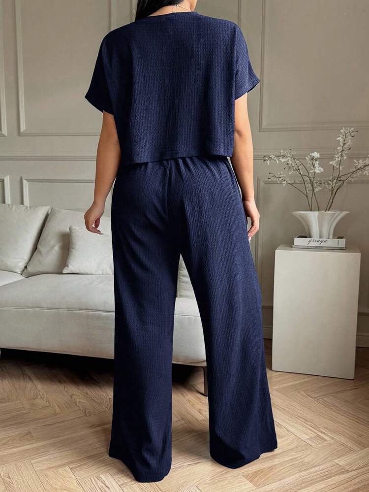 Solflare 大码纯色圆领短袖上衣和长裤休闲度假两件套，清凉舒适，适合夏季/春季女装，春假穿搭 - 藏蓝色 - 查看 2