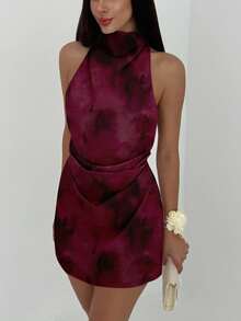 Aloruh Đầm ngắn nữ kiểu dáng thanh lịch, thường ngày màu đỏ nam việt quất, họa tiết nhuộm tie-dye trừu tượng, hở lưng, buộc dây cổ, thích hợp mặc hàng ngày. - Nhiều màu - Xem 5