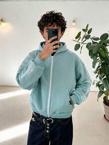 Manfinity Unisex Men's Knitted Casual Loose Fit English Embroidered Long Sleeve Zip Up Hoodie, Fall, Winter, Couple Things - Mint Green - View 9