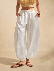Easelle Women's Casual Commuter Simple Versatile Solid White Woven Loose Drawstring Pants Beach Pants Cotton Curved Blade Cuts Comfortable - White - View 4