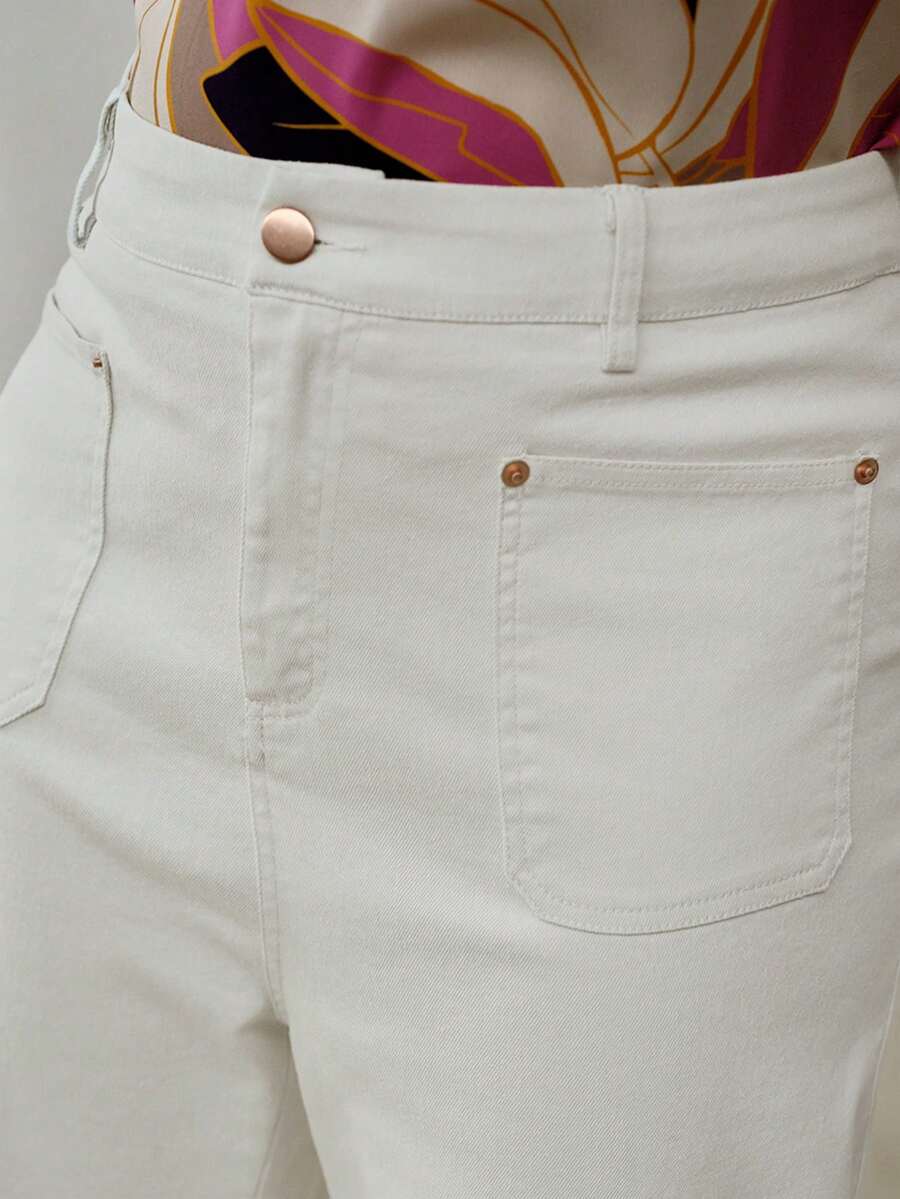 MOTF PREMIUM PLUS SIZE WOMEN'S WHITE PATCHWORK POCKET FLARE LEG JEANS, SPRING/SUMMER - White - View 2