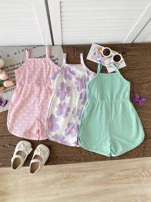 SHEIN Playful Pals 3件組女嬰夏季可愛扶桑花碎花肩帶連身褲，圓領休閒熱帶風百搭款 - 彩色 - 查看 2