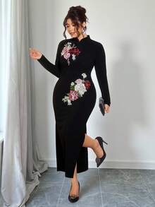 Elenzga Plus Size Women's Black Mandarin Collar Fitted Cheongsam Dress, Elegant Embroidered High-End Qipao For Autumn