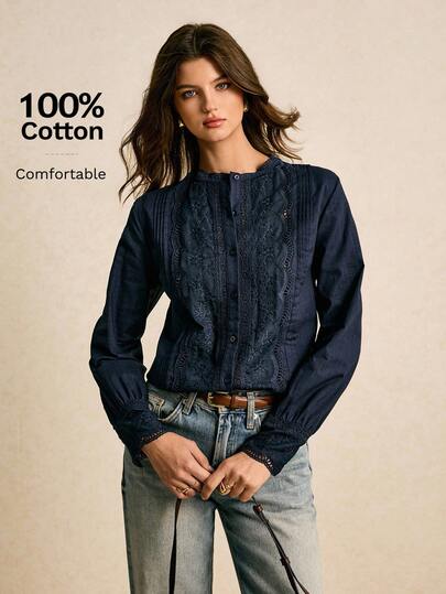 Poéselle Women's Casual Lace Patchwork Floral Embroidery Long Sleeve Shirt, Autumn Cotton