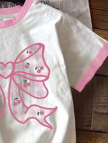 Süßer karierter Kirschenschleifendekor Farbblock Tween-Mädchen Lässig Minimalist Kurzarm Rundhals T-Shirt, geeignet für den Sommer