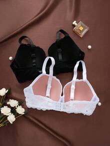 2pcs/Set Plus Size Women Lace Solid Minimalist Underwire Adjustable Bra - Multicolor - View 2