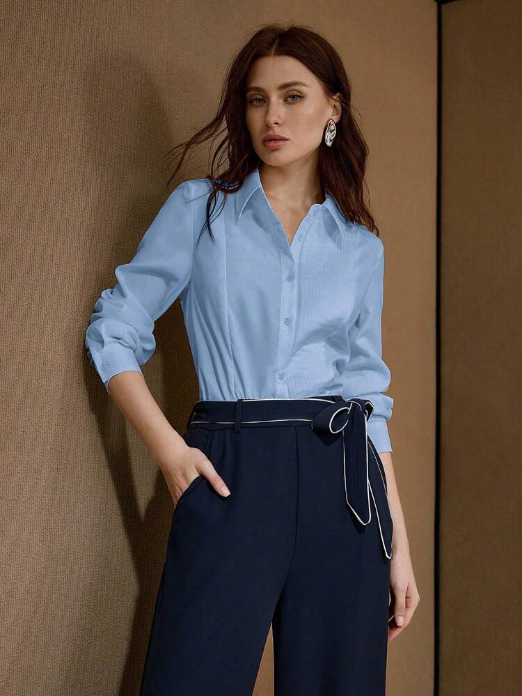 WOMEN'S SOLID COLOR PINTUCKS ELEGANT COMMUTER VERSATILE BLOUSE, SPRING/AUTUMN