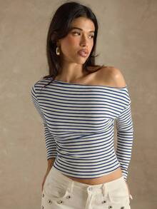 SHEIN BAE Áo thun nữ dài tay dáng ôm, kẻ sọc, vai lệch, thoải mái, thích hợp mặc thường ngày. - Xanh đậm - Xem 7