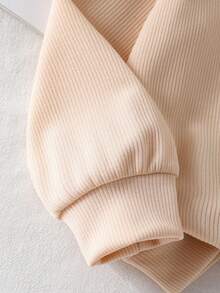 SHEIN Genkimix Kids Girls Apricot & Brown Knit Patchwork Long Sleeve Sweatshirt With Bow, Fashion Design Top, Solid Color Flared Pants, Vintage & Comfortable Outfit, Autumn