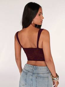 SHEIN BAE Women's Sexy Lace Sheer Tie-Up Spaghetti Strap Camisole Top, Suitable For Date Night, Girls' Night Out, Birthday Party, Cocktail Party, Nightclub, Holiday Party - Maroon - View 2