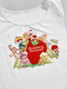 Strawberry Shortcake | ROMWE Spring / Summer Plus Size Summer Casual Cartoon & Strawberry Print Side Drawstring Tank Top - White - View 2