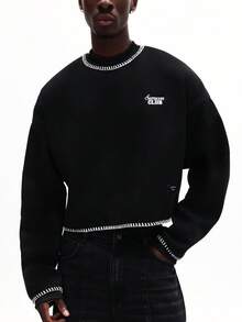 SUMWON Men's Crew Neck Long Sleeve Sweatshirt With Contrast White Stitching Detail And Logo Print For Fall Winter Casual Wear - Black - View 5