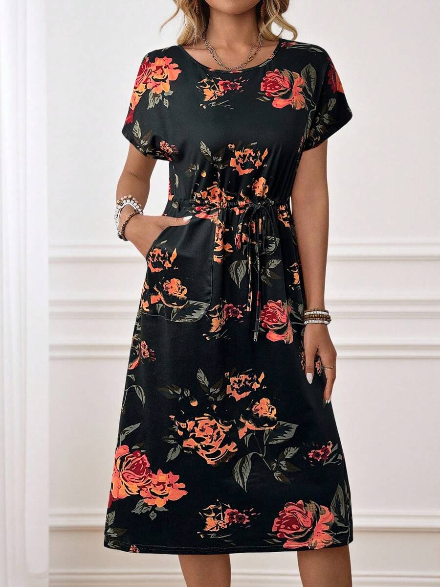 Miaspire 女士优雅花卉印花抽绳腰中长连衣裙，夏季