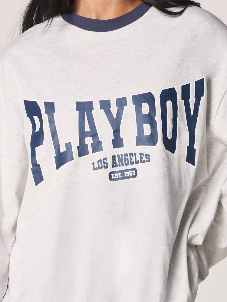 Missguided x Playboy T-shirt grafica a maniche lunghe Los Angeles con bordo a contrasto blu navy e stampa varsity
